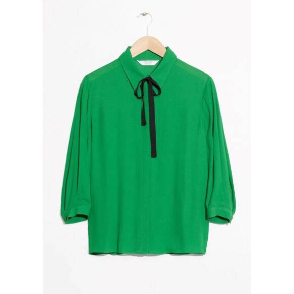 & Other Stories Green Bow Tie Button Down Collar Long Sleeve Shirt Blouse Top 2 - Picture 9 of 9